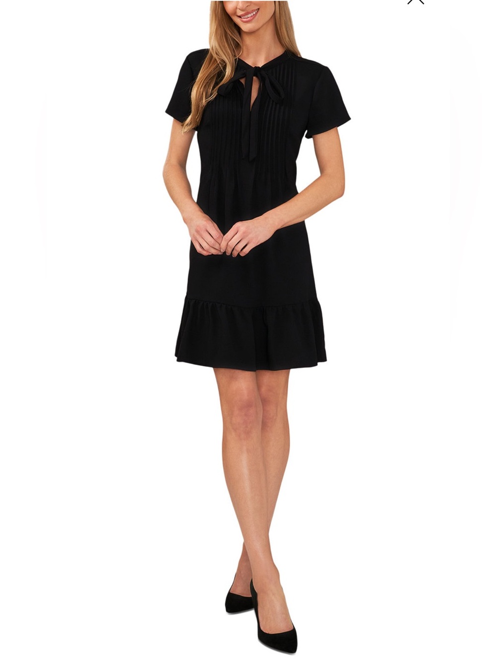 NWT CeCe Sz 14 Women's Black Pintucked Tie-Neck Short-Sleeve Mini Dress Ret $99